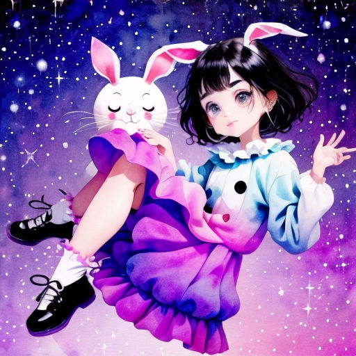 a girl in a dress holding a rabbit in her arms with stars in the background and a purple sky