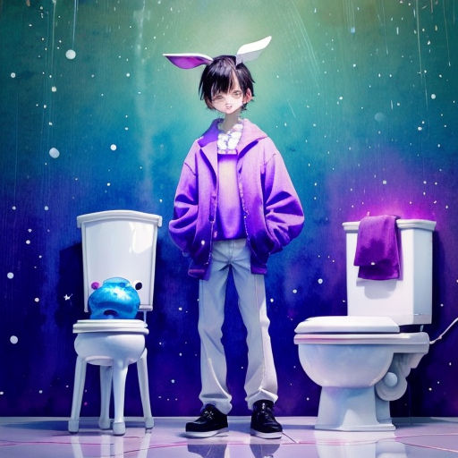 a person standing in front of a toilet and a sink in a bathroom with a purple bunny costume on
