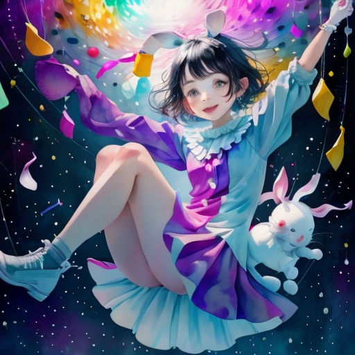 a girl in a dress is flying through the air with a rabbit in her hand and a rainbow light above her