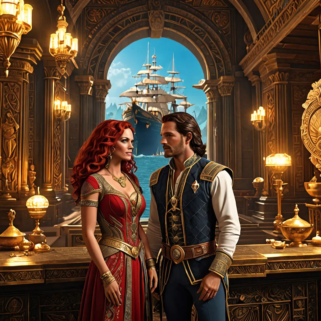 a man and woman dressed in medieval clothing standing in front of a ship in a museum with a clock, fantasy art, a detailed matte painting, Altoon Sultan, promotional image