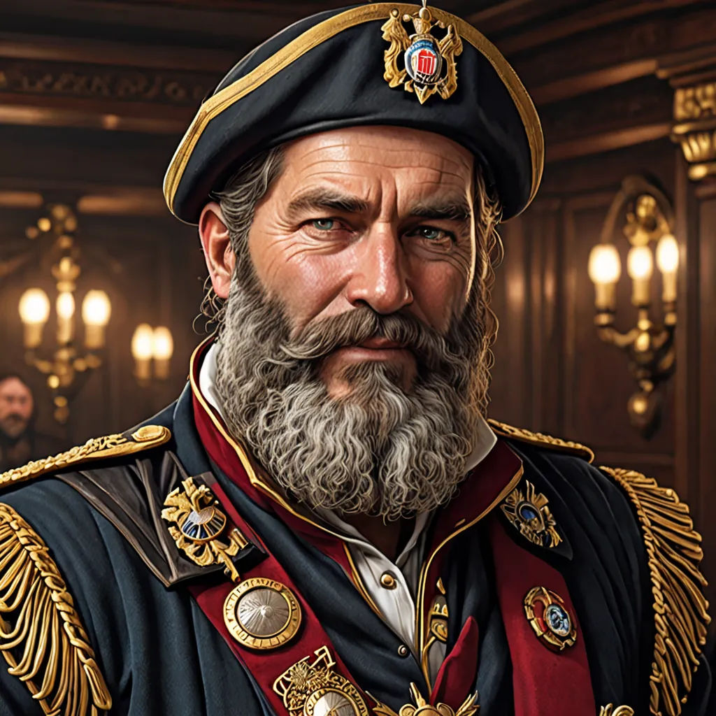 a man with a beard and a hat in a room with lights and a chandelier on the ceiling, photorealism, a detailed painting, Alejandro Burdisio, highly detailed digital painting