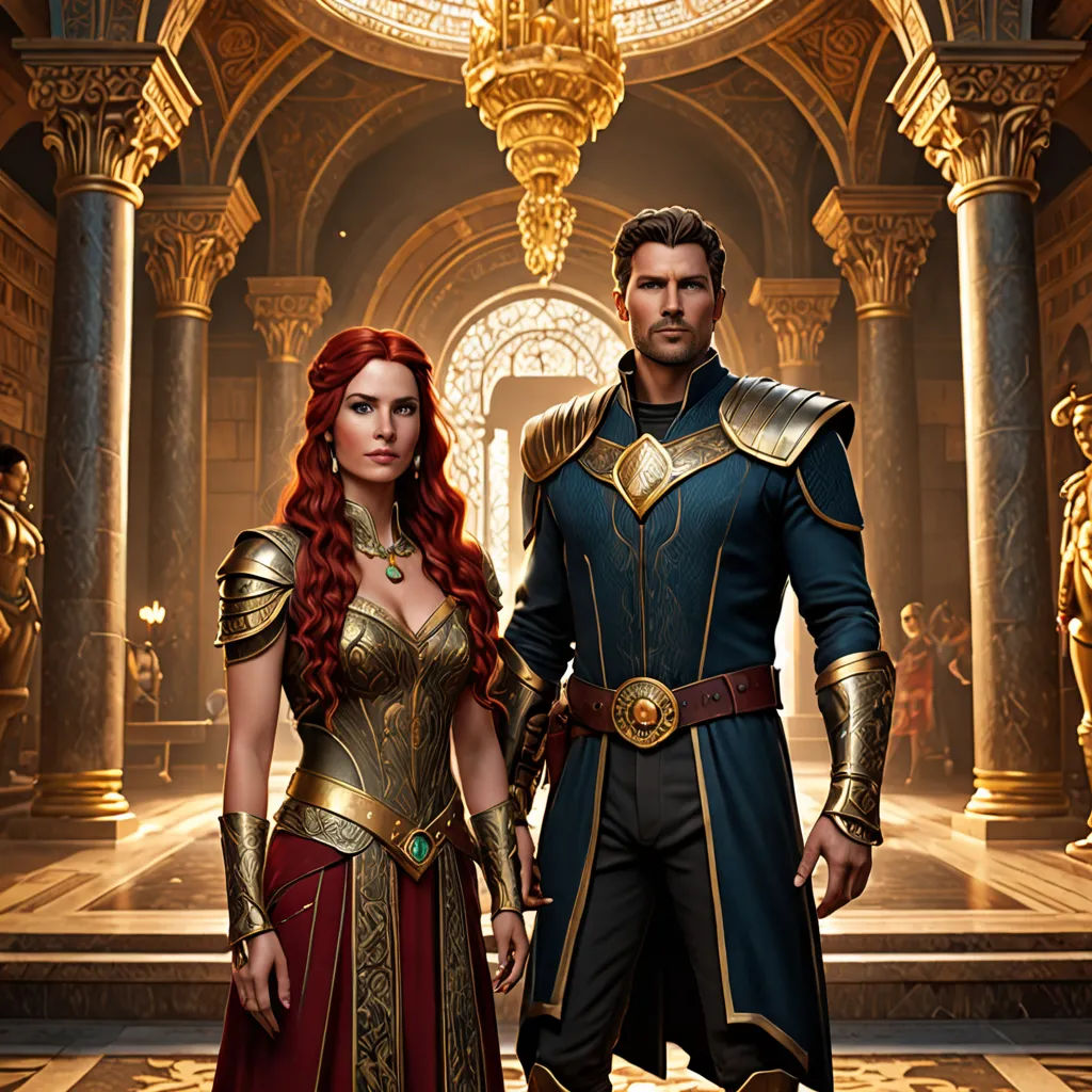 a man and a woman dressed in medieval costumes standing in a hall with columns and chandeliers in the background, fantasy art, poster art, Chris LaBrooy, key art