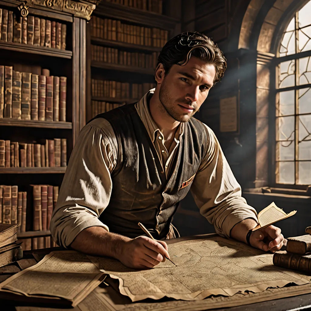 a man sitting at a desk with a book and a pen in his hand and a book in his other hand, arts and crafts movement, a character portrait, David Paton, promotional image