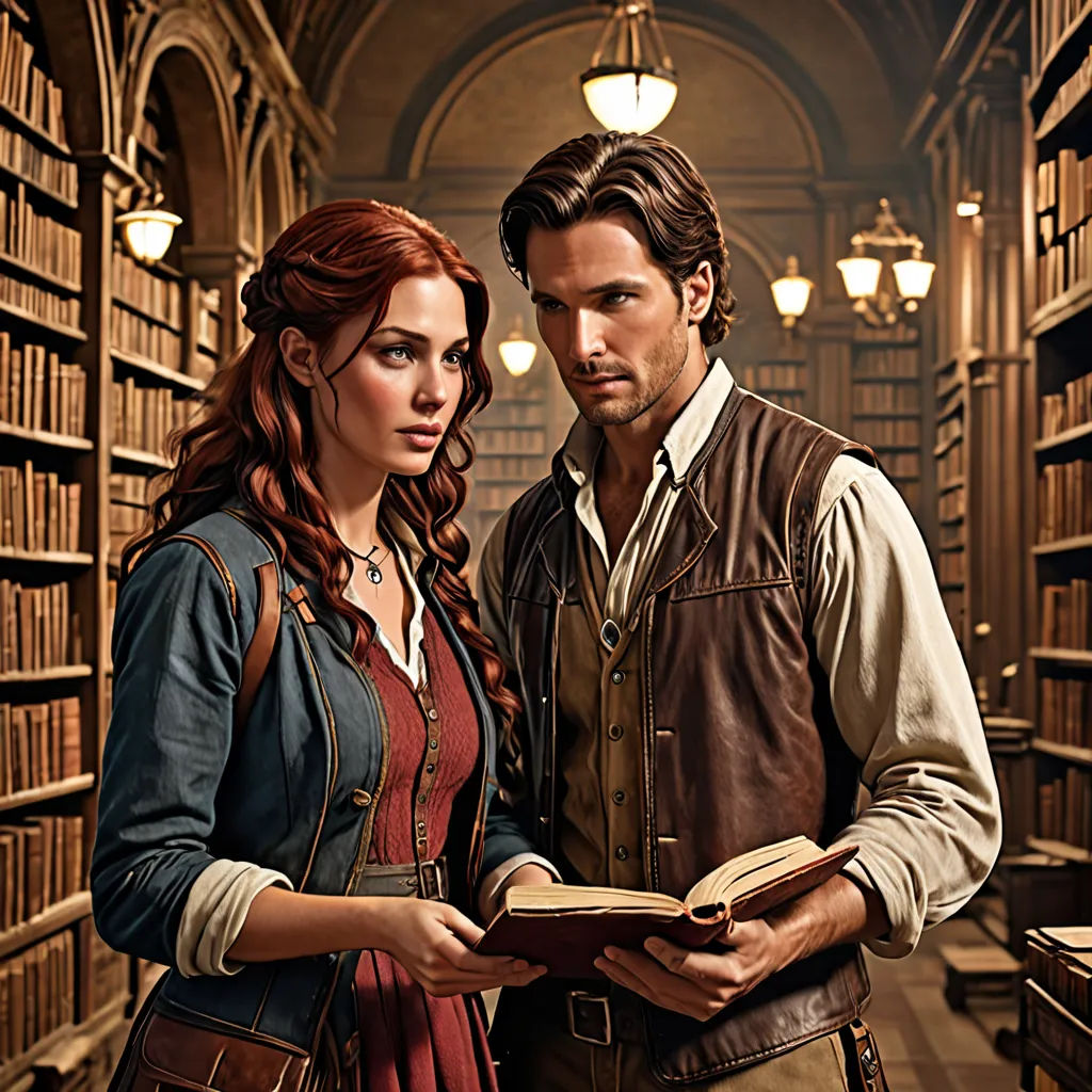 a man and a woman standing in a library holding a book and looking at a book in the other hand, pre-raphaelitism, a poster, Anne Said, promotional image