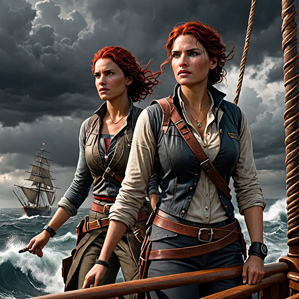 two women on a boat in the ocean with a ship in the background and a stormy sky in the background, fantasy art, poster art, Clint Cearley, key art