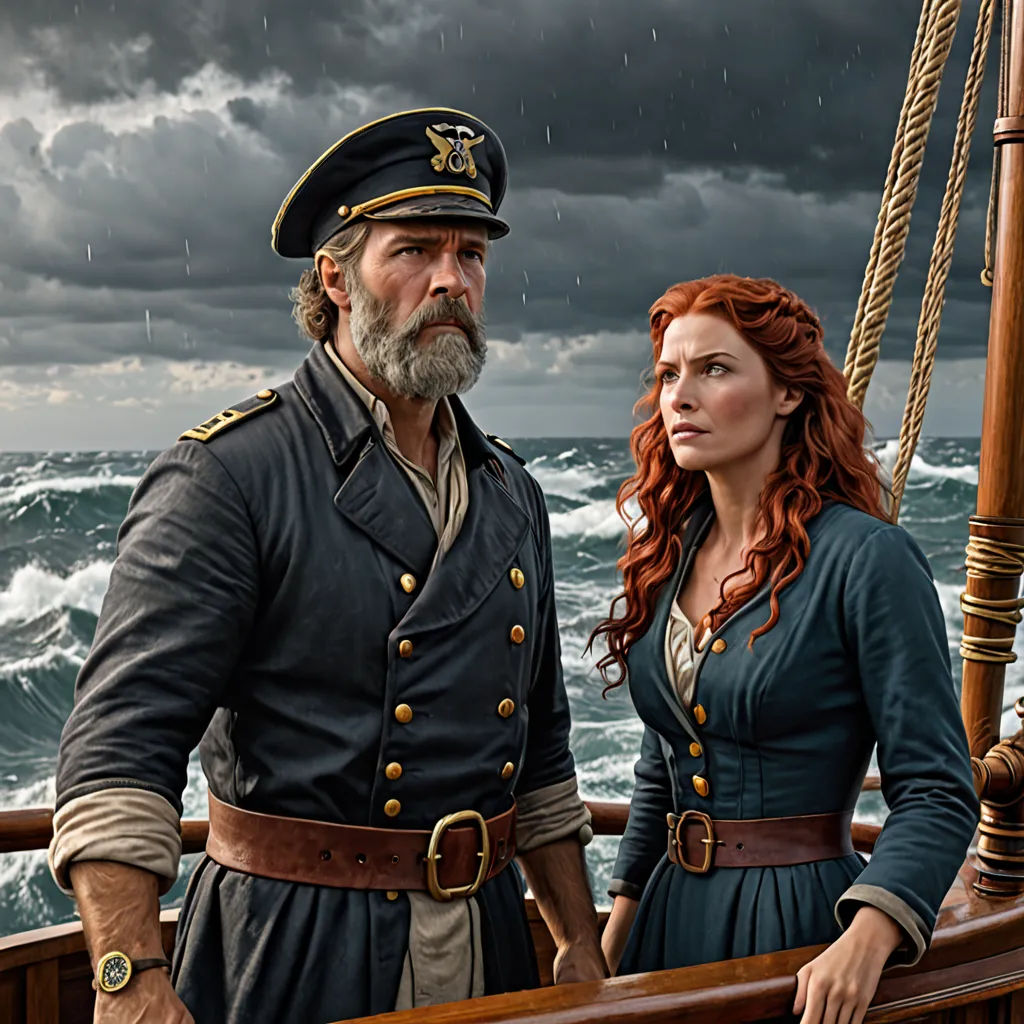 a man and a woman standing on a boat in the ocean with a stormy sky behind them and a boat in the water, american romanticism, a poster, Erlund Hudson, promotional image
