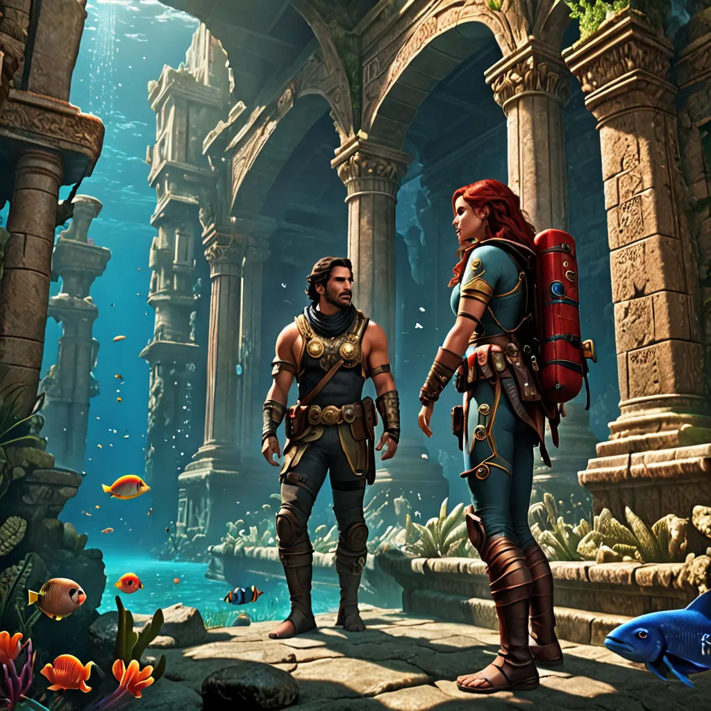 a couple of people standing in a room with fish and plants in it and a fish in the water, fantasy art, concept art, Cedric Seaut (Keos Masons), game art