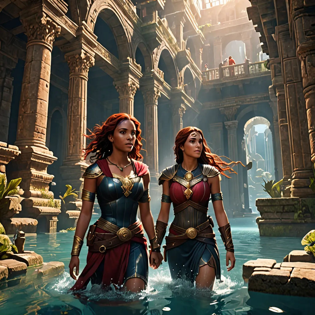 two women in costumes walking through a pool of water in a fantasy setting with a fountain in the background, fantasy art, concept art, Clint Cearley, magic the gathering artwork