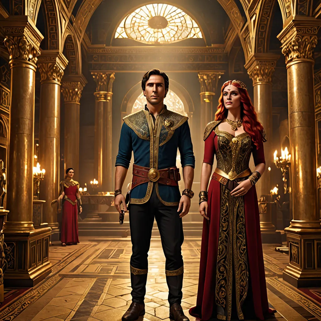 a man and woman dressed in medieval clothing standing in a hall with columns and chandeliers on either side, renaissance, a poster, Altoon Sultan, promotional image
