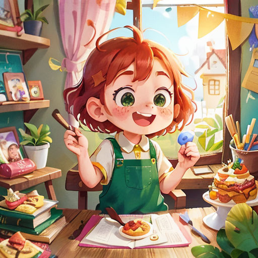 a girl is eating a donut in a room with a window and a table full of books and other items