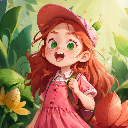 a little girl with a red hat and green eyes standing in a forest with flowers and plants, looking at the camera