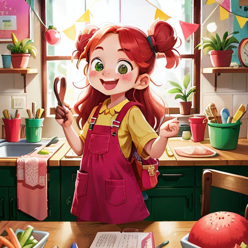 a girl in a kitchen holding a pair of scissors and a book in her hand and a potted plant in the background