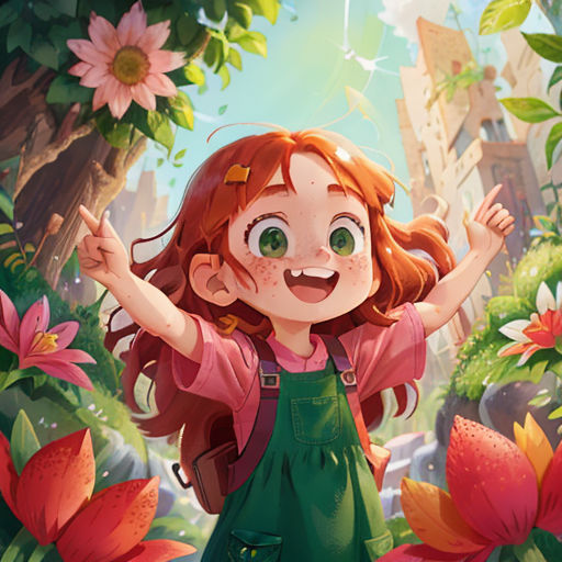 a girl with red hair and green overalls standing in a garden with flowers and a bird flying overhead