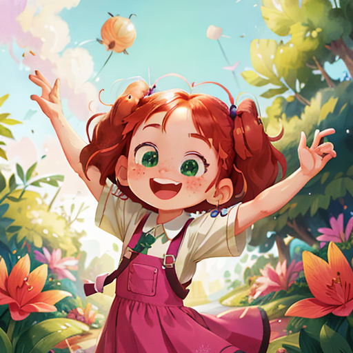 a girl in a pink dress is flying a kite in the air over a flower garden with a butterfly