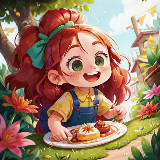 a girl sitting on the ground with a plate of food in front of her and a house in the background