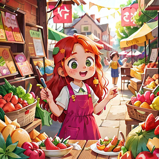 a little girl standing in front of a market filled with fruits and vegetables and holding a knife and fork