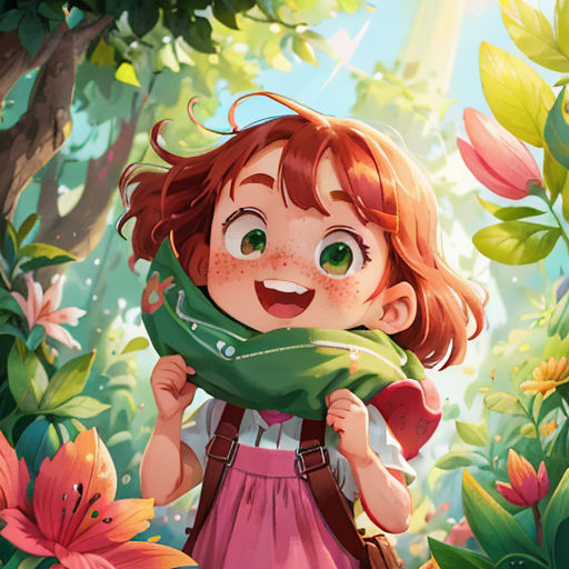 a little girl in a pink dress is standing in the woods with a green scarf around her neck and smiling