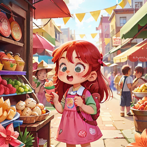 a little girl standing in front of a fruit stand holding a cupcake in her hand and looking at the camera