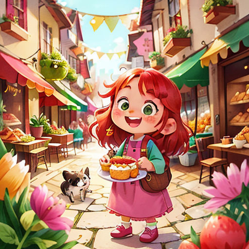 a little girl holding a plate of food in a street with flowers and bunnies on the side of the road