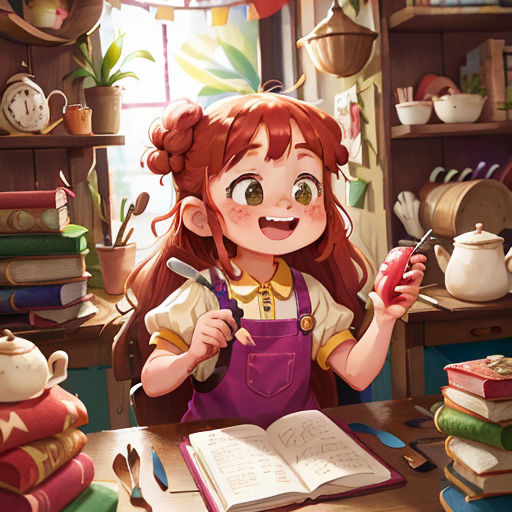 a girl is holding a knife and a book in her hand and a book on the table in front of her