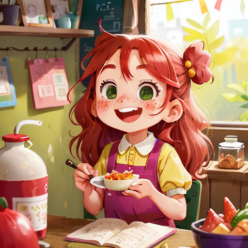a girl eating a bowl of cereal in a kitchen with a book and a bowl of fruit on the table