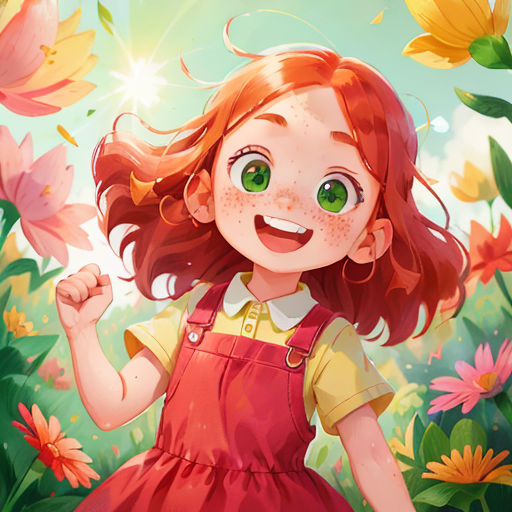 a girl in a red dress standing in a field of flowers with a green eyed face and a smile on her face