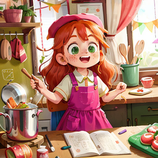 a girl in a kitchen with a book and a pot of food on the counter and a pot of vegetables on the counter