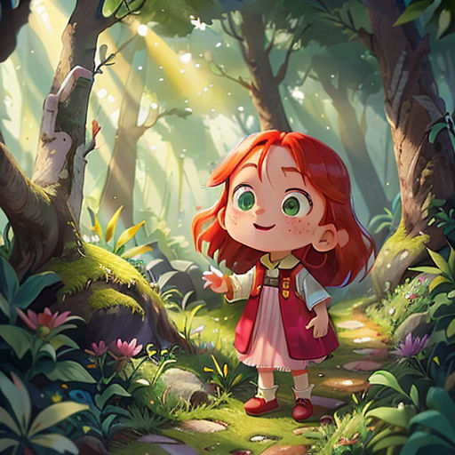 a little girl standing in the middle of a forest with a forest background and trees and leaves on the ground