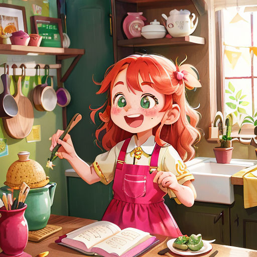 a girl in a kitchen holding a spoon and a book with a book open on the table next to her