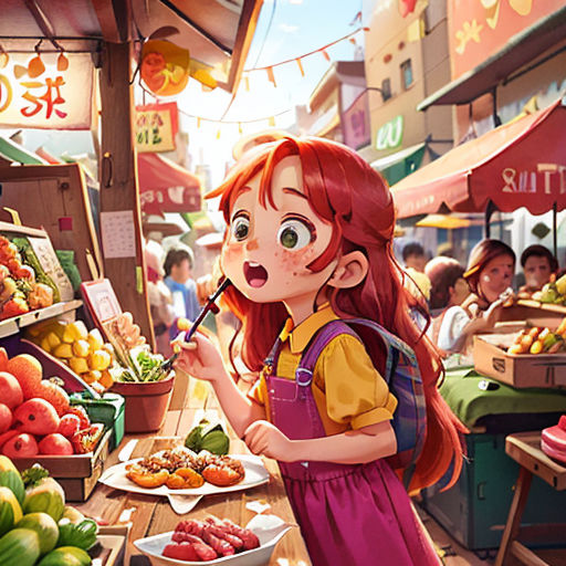 a little girl standing in front of a market filled with fruits and vegetables and looking at a plate of food