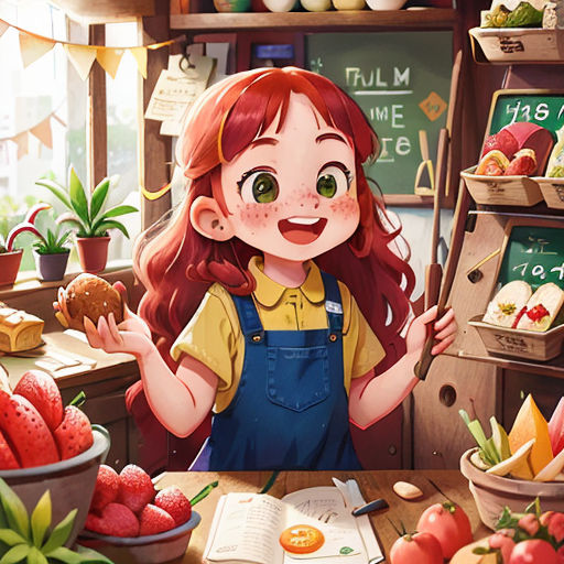 a girl is standing in front of a counter full of fruits and vegetables and holding a piece of bread