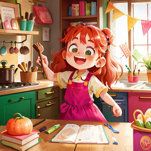 a girl in a kitchen with a book and a knife in her hand and a bowl of fruit on the table