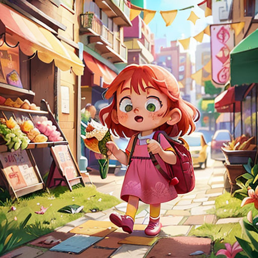a girl walking down a street with a backpack on her back and a bag on her shoulder, with a flower in her hand