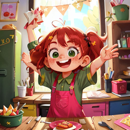 a girl with red hair and green eyes is standing in front of a table with food and a green refrigerator