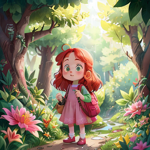 a little girl with a backpack is walking through a forest with flowers and trees on the ground, and a stream running through the woods