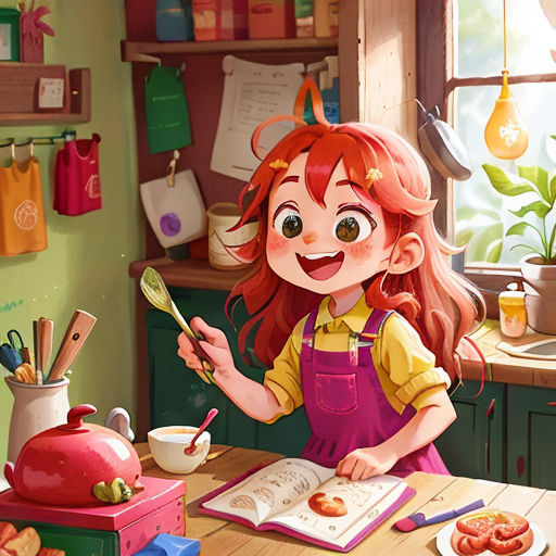 a girl is cooking in a kitchen with a book and a spoon in her hand and a pot and pan on the table
