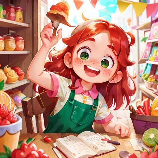 a girl is eating a donut in a store with a book and a cup of coffee in front of her