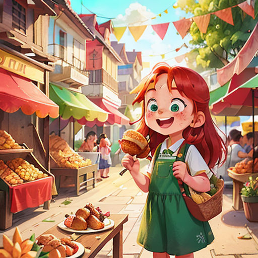 a girl holding a pastry in front of a market with buns and buns on the table and buns on the ground
