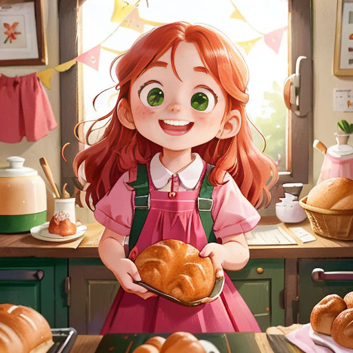 a girl holding a loaf of bread in a kitchen with other breads on the counter and a window