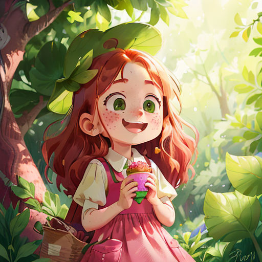 a girl in a pink dress holding a basket of flowers in a forest with a tree in the background