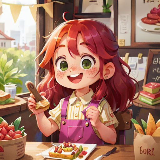 a girl eating a piece of cake in a restaurant with a view of the city behind her and a bowl of strawberries