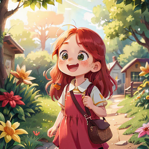 a girl in a red dress is walking through a park with flowers and a house in the background and a tree