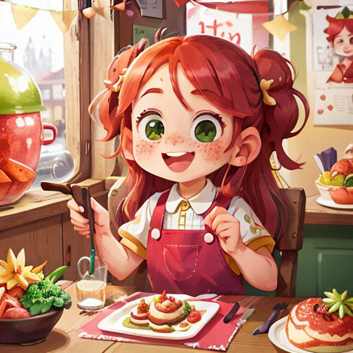 a girl is eating a meal in a kitchen with a bowl of fruit and a bowl of vegetables on the table