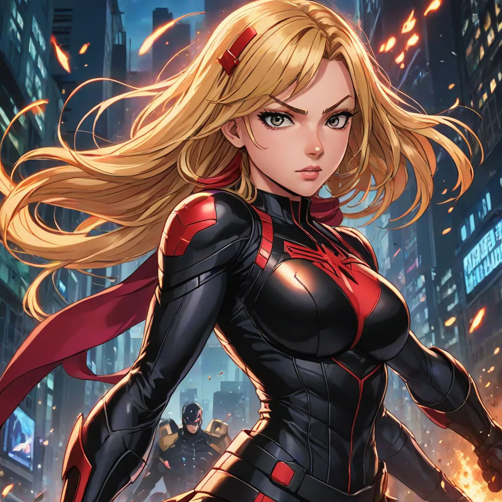 a woman in a red and black outfit standing in a city at night with a red cape on her head, Artgerm, panfuturism, a comic book panel, stanley artgerm lau