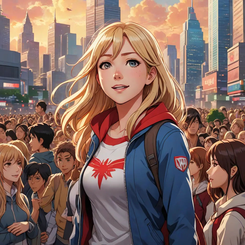 a woman standing in front of a crowd of people in a city with tall buildings in the background and a red and white flag on her shirt, Artgerm, rayonism, a comic book panel, rossdraws global illumination