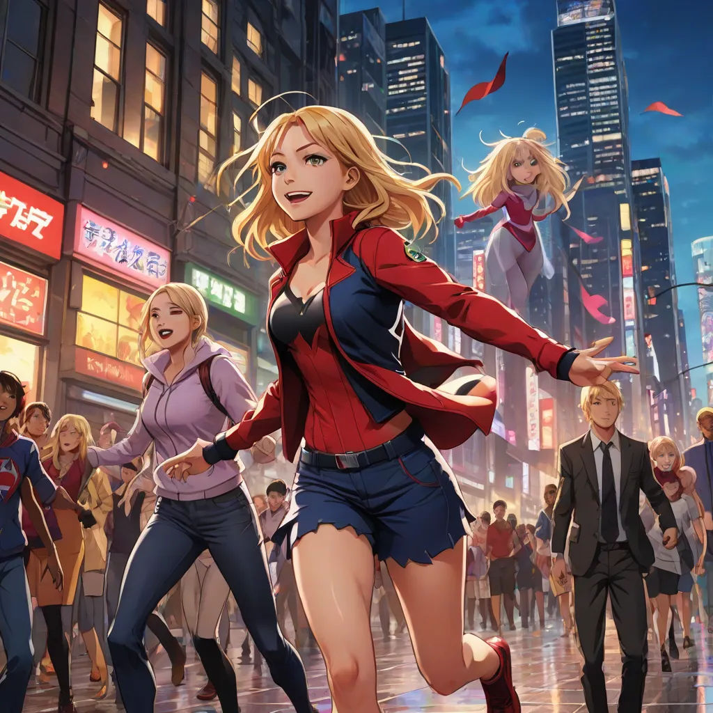 a group of people in a city with a woman in the middle of the picture and a man in the background, Artgerm, altermodern, a comic book panel, official art