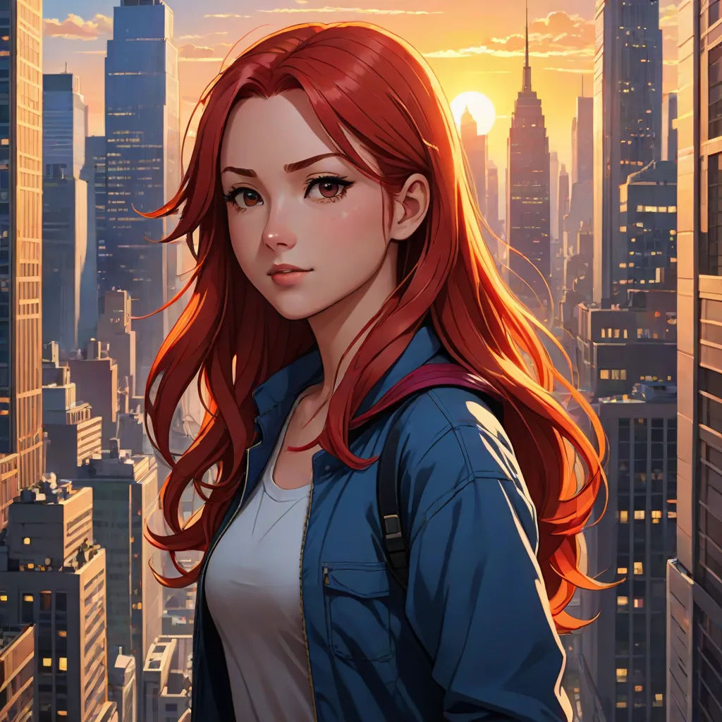 a girl with red hair standing in front of a cityscape at sunset with the sun setting behind her, Artgerm, fantasy art, a character portrait, stanley artgerm lau