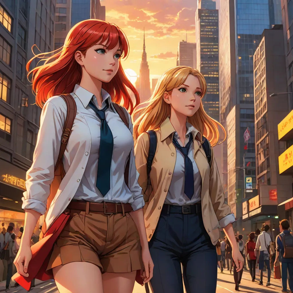 two women walking down a street in a city at sunset, with a cityscape in the background, Artgerm, rayonism, a comic book panel, official art