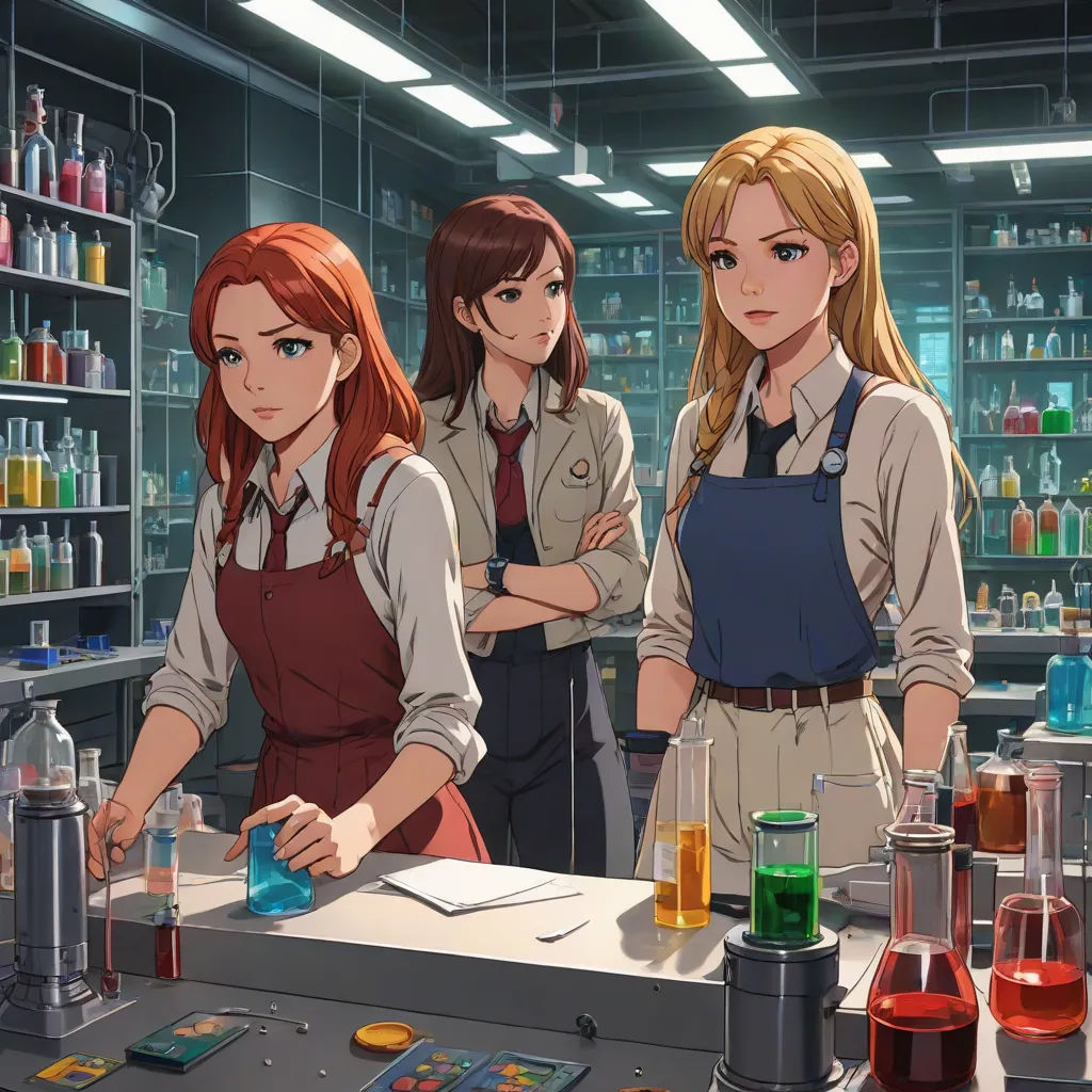 three girls in a laboratory with a lot of bottles and beakers on the counter and a man standing behind them, Artgerm, remodernism, a comic book panel, official art