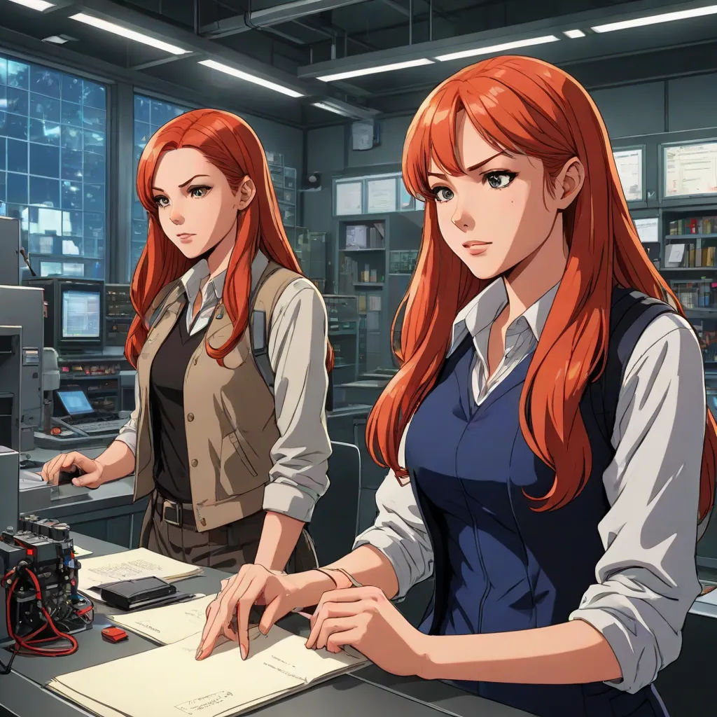 two women in a factory looking at a computer screen and a printer on a desk with a monitor on it, Eizan Kikukawa, computer art, computer graphics, official art